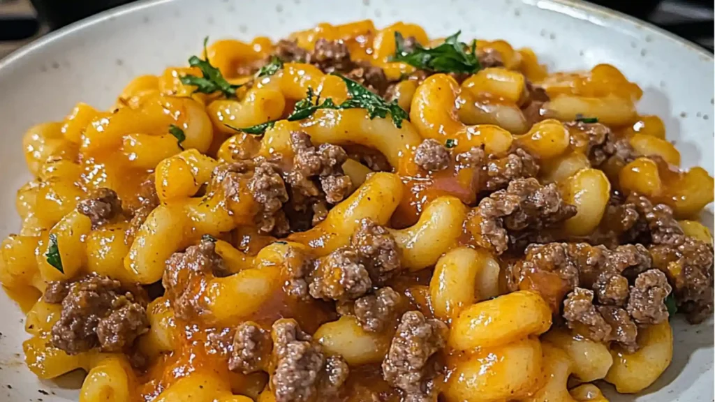 homemade hamburger helper recipe with macaroni and cheese in a skillet on a spoon