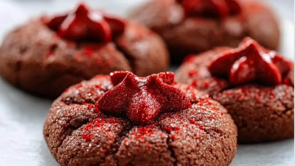 red velvet blossom cookies with chocolate in the middle