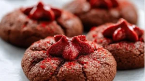 red velvet blossom cookies with chocolate in the middle