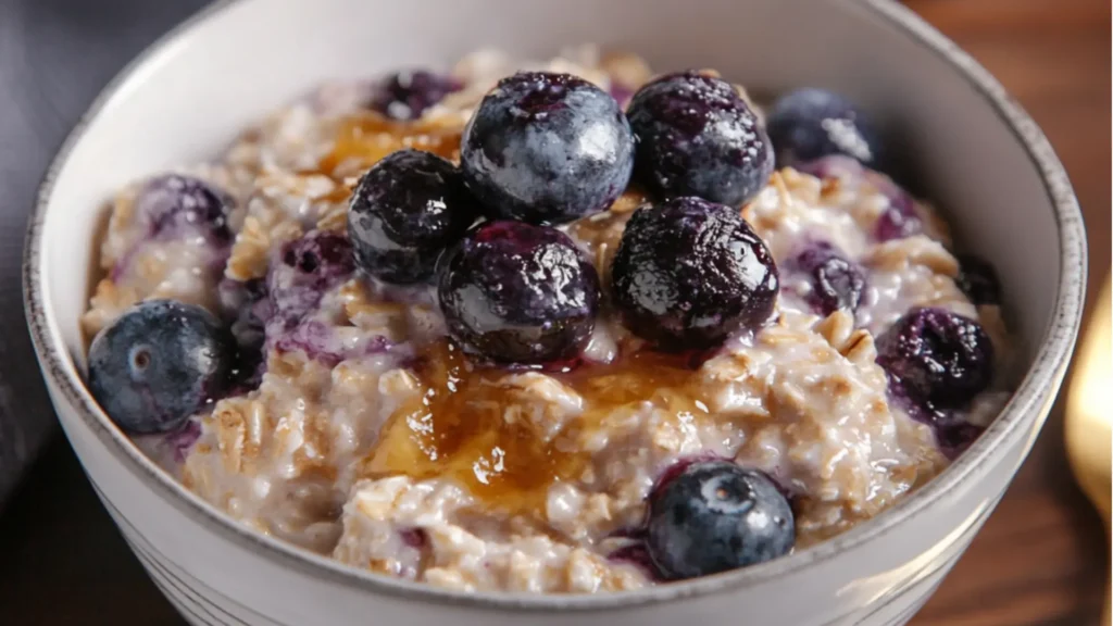 blueberry crockpot oatmeal in a bowl with cinnamon sticks on the side