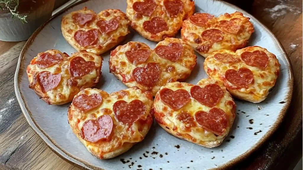 heart shaped pizzas are arranged on a cutting board and ready to be served for valentine's day