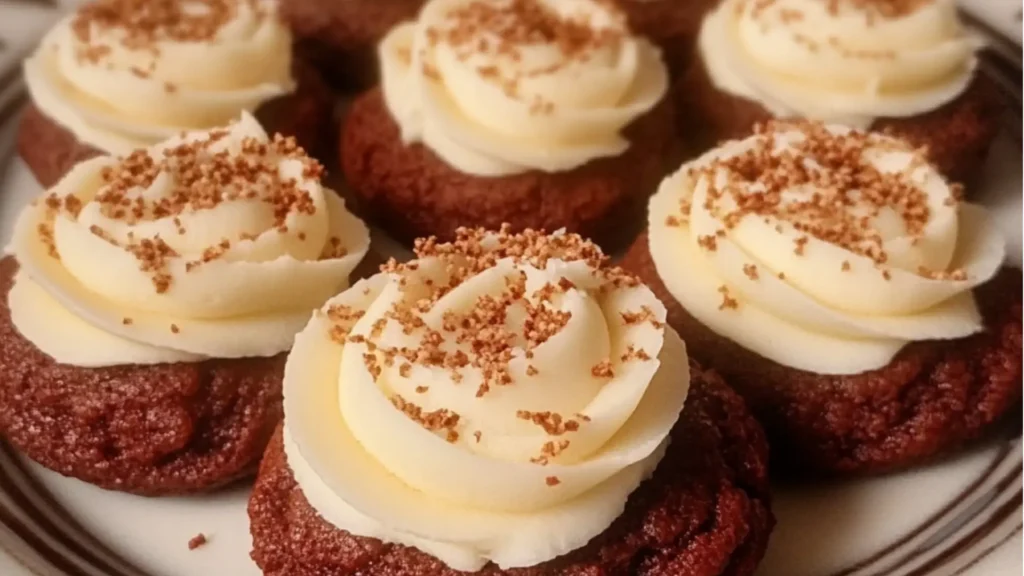 frosted red velvet cookies with white icing on a cooling rack and in the foreground