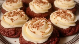 frosted red velvet cookies with white icing on a cooling rack and in the foreground