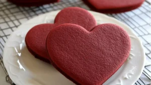 red velvet sugar cookies on a plate with the words, red velvet sugar cookie recipe