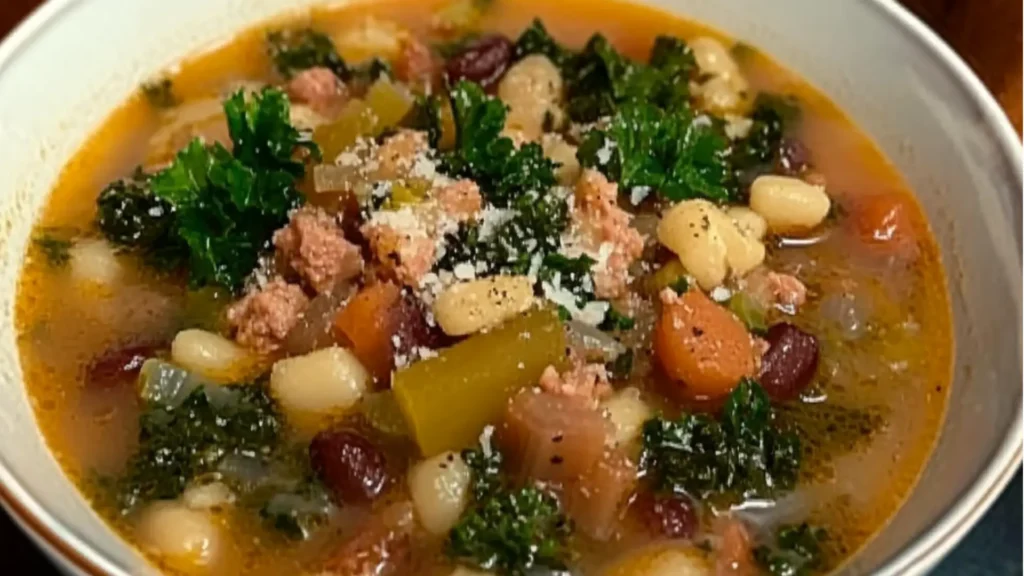winter minestone soup with bread and herbs