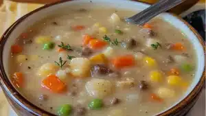 a bowl of shepherd's pie soup with corn on the side