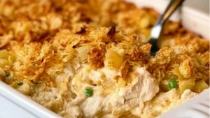 a casserole dish with chicken and cheese in it