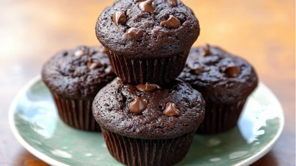 chocolate muffins on a cooling rack with carrots and spinach in the background