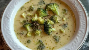 a broccoli and rice soup with crackers on the side