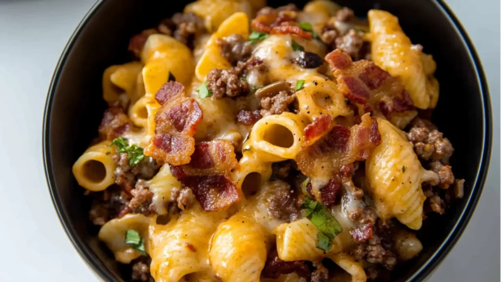 pictures of food with bacon cheeseburger and pasta on them, one is in the process of being cooked