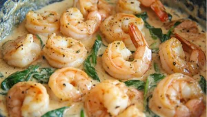 creamy garlic shrimp with white rice and garnish