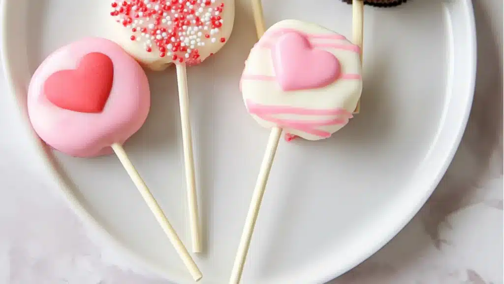 valentine's day oreo pops on a plate