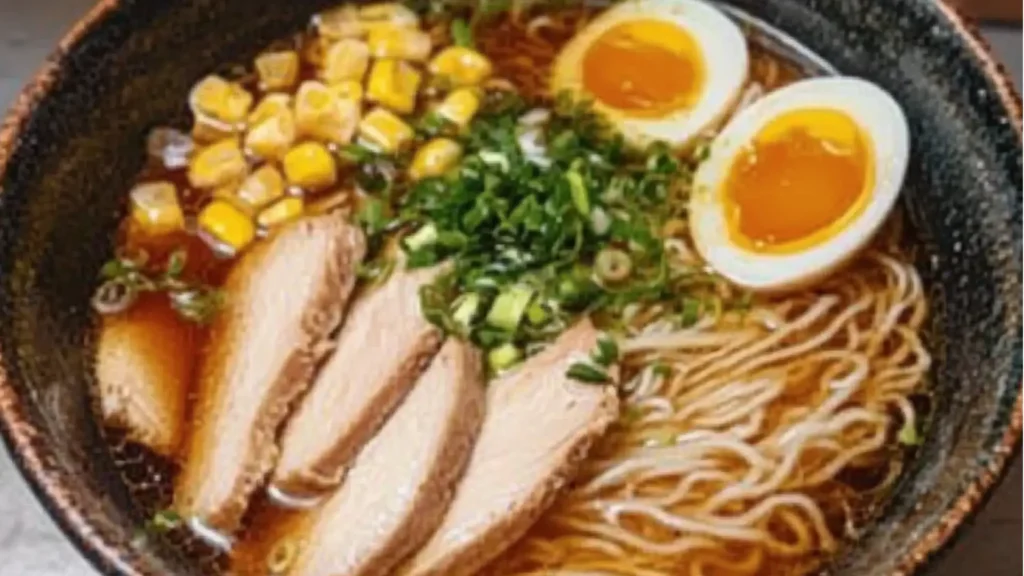 homemade ramen with slices of chicken, hardboiled eggs, mushrooms, and noodles.