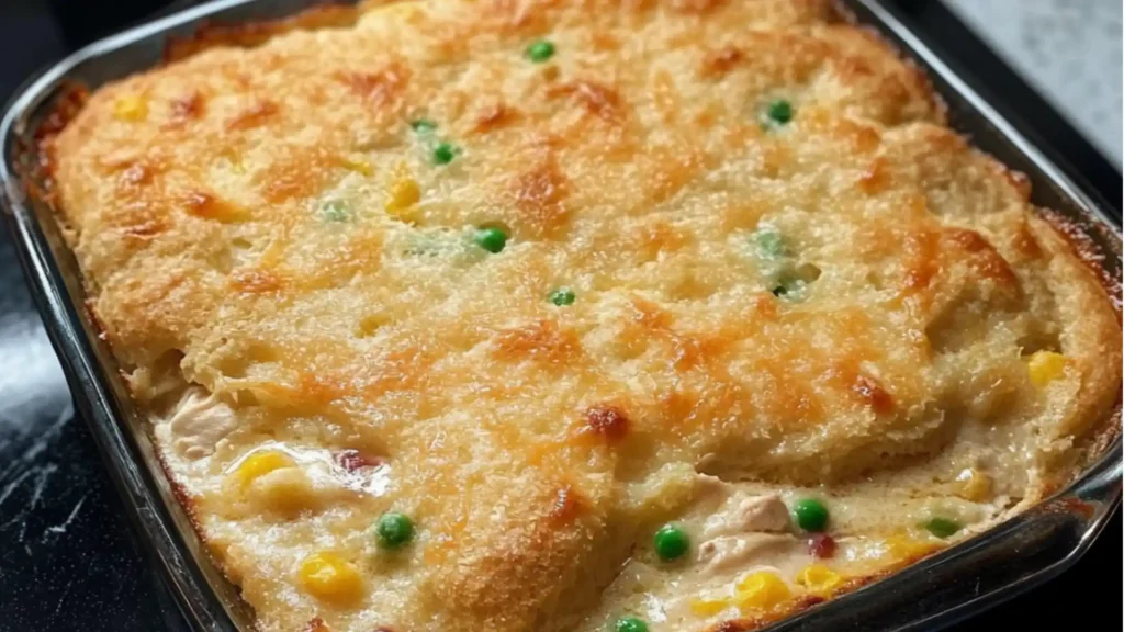 chicken cobbler made with cheddar biscuit mix in a casserole dish