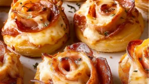 there are many small pastries on the white platter with red and white table cloth