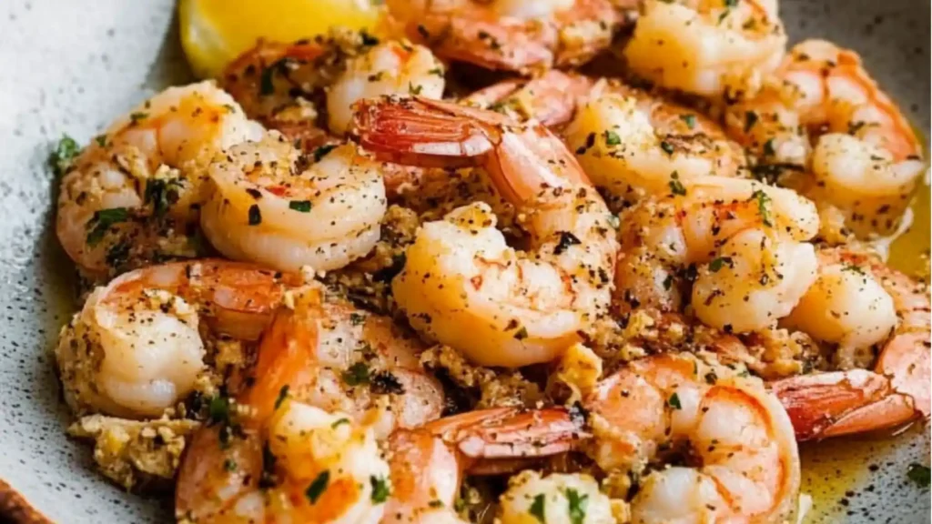 the shrimp is being cooked in a skillet and garnished with parsley