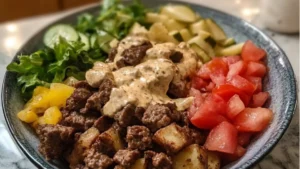 bowls filled with meat, lettuce and tomato salad topped with dressings