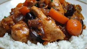 a bowl filled with meat and vegetables on top of a table