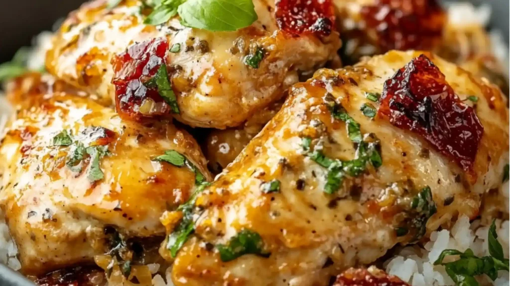 crock pot marry me chicken on a plate with parsley in the middle and text overlay that reads crock pot marry me chicken