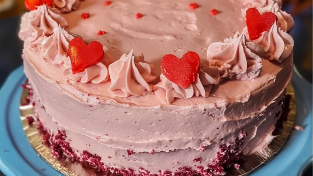 pink velvet cake with white frosting on a plate