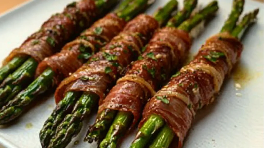 Prosciutto Wrapped Asparagus on a wooden cutting board
