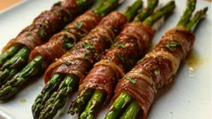 Prosciutto Wrapped Asparagus on a wooden cutting board