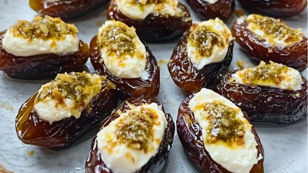 an image of stuffed dates with cheese and walnuts on them for mascarpone stuffed dates