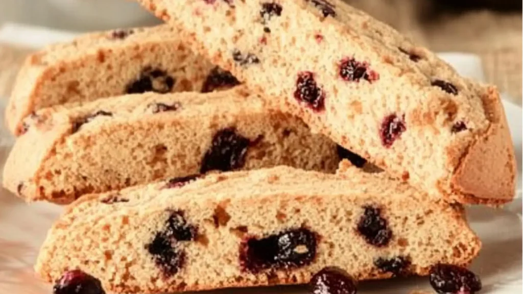 cranberry orange biscotti in a basket with the words, cranberry orange biscotti