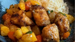 a bowl filled with chicken and vegetables on top of rice