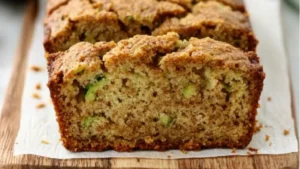 sliced zucchini bread on a plate with an orange sign reading omg amazing