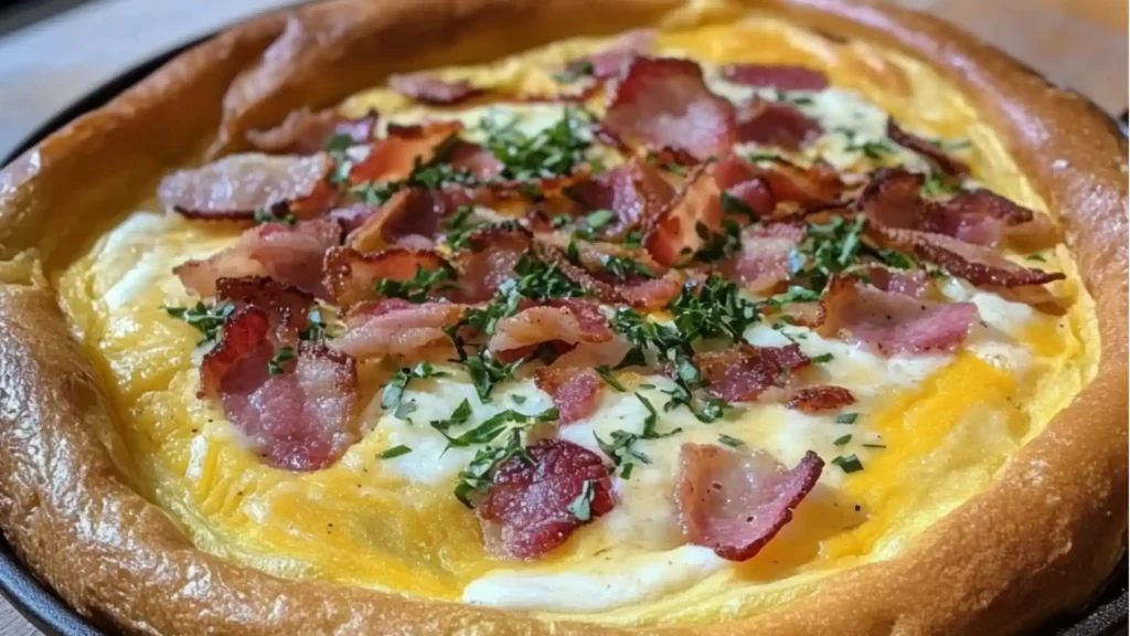 the bacon cheddar and bacon dutch baby is being served in a cast iron skillet