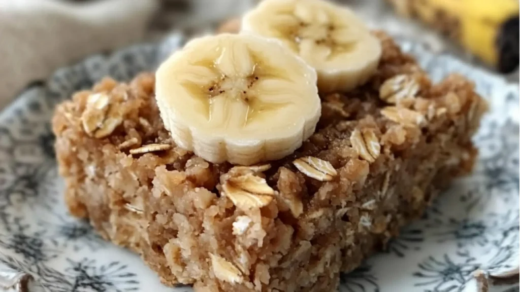 healthy banana oatmeal bars stacked on top of each other with text overlay
