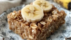 healthy banana oatmeal bars stacked on top of each other with text overlay