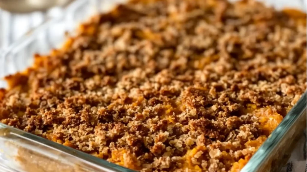 maple sweet potato casserole with cream cheese and pecans