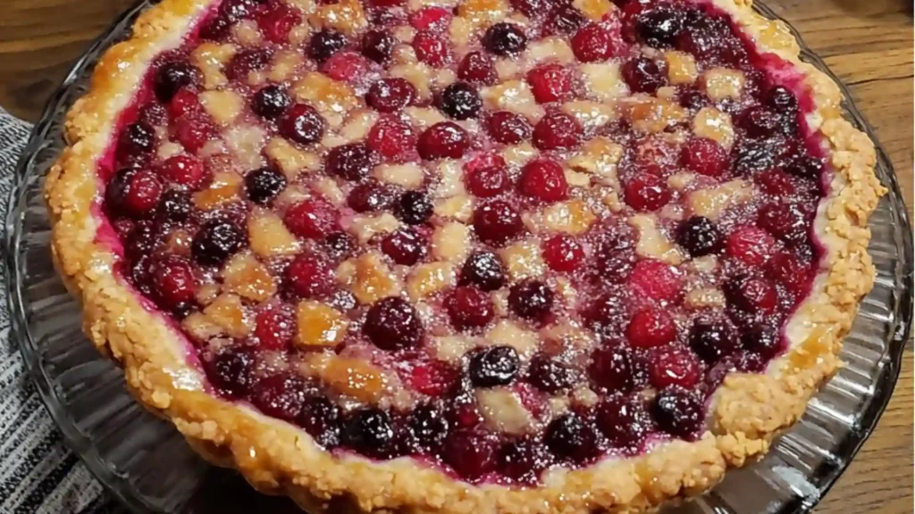 a casserole dish with cranberry sauce and pine branches in the background