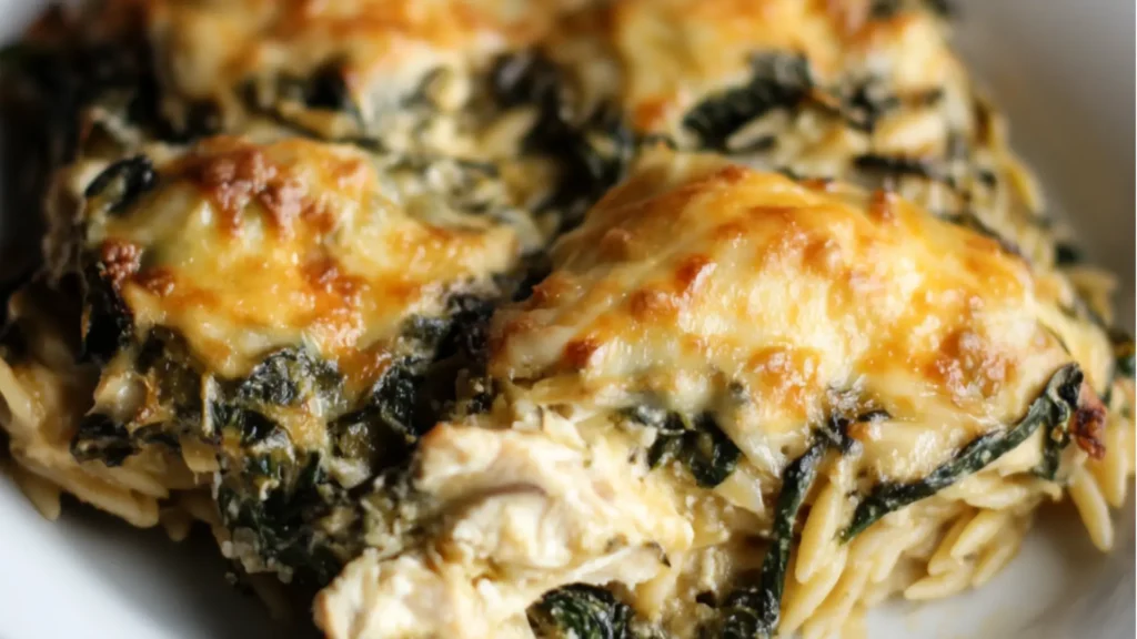 Spinach Artichoke Chicken Orzo Bakes