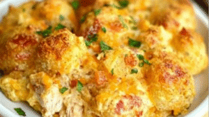 cheddar ranch chicken tater tot bake is shown on a plate