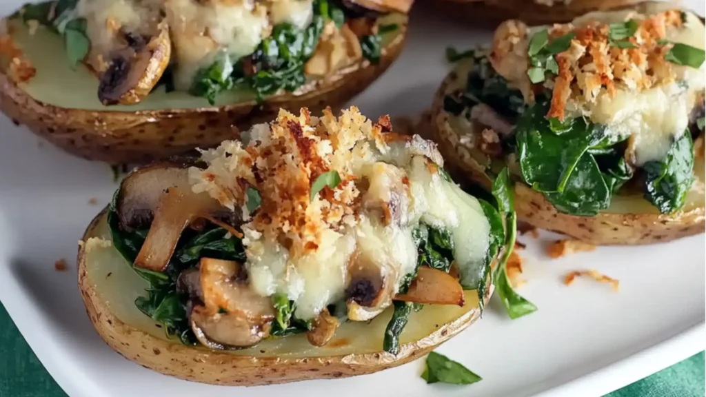 mushrooms and spinach stuffed baked potatoes in a bowl