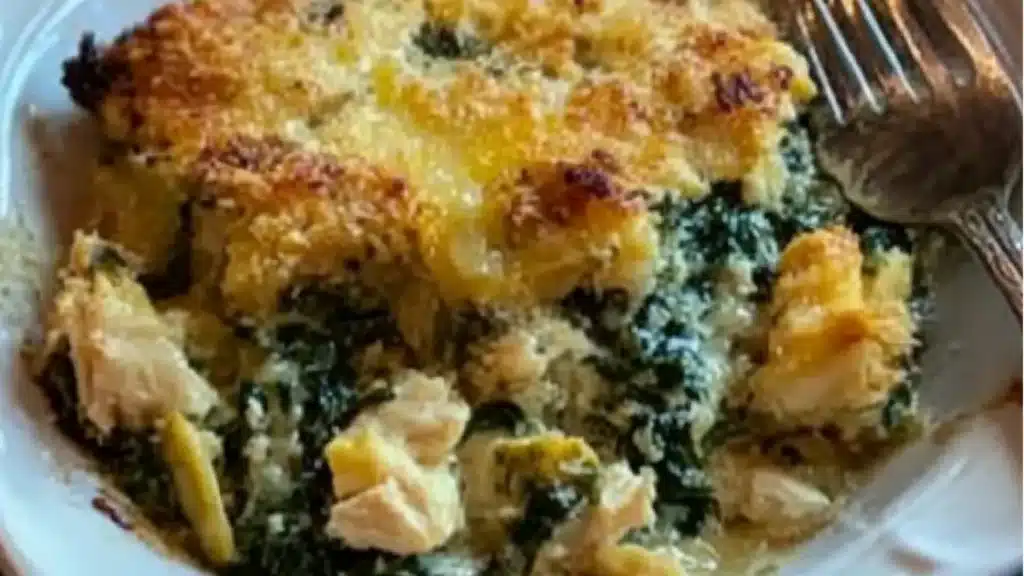 chicken and artichoke spinach casserole with text overlay that reads, you need to try high - protein spinach and artichoke chicken casserole