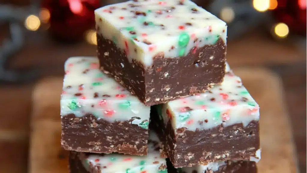 christmas fudge recipe with white frosting and sprinkles on the top