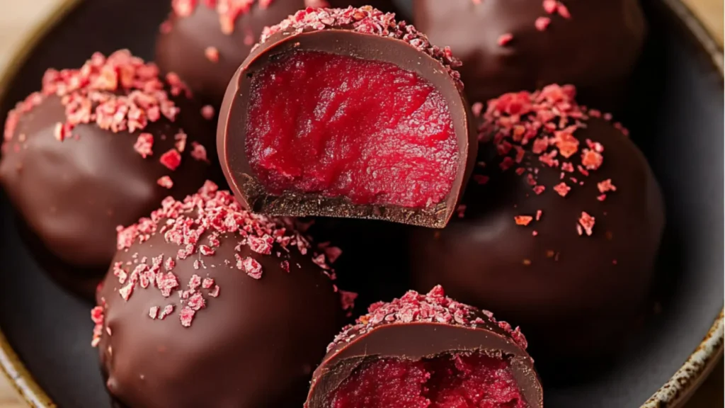 chocolate raspberry truffles are stacked on top of each other