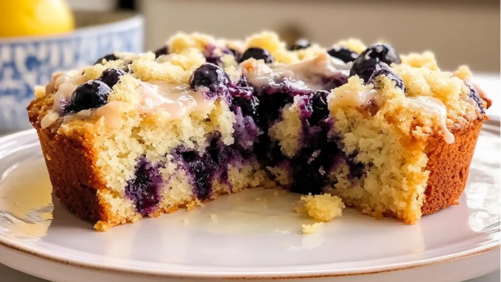 blueberry lemon coffee cake on a white plate
