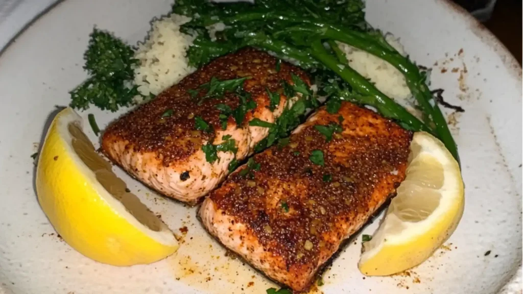 baked cajun salmon with creamy avocado lime sauce on a wooden platter