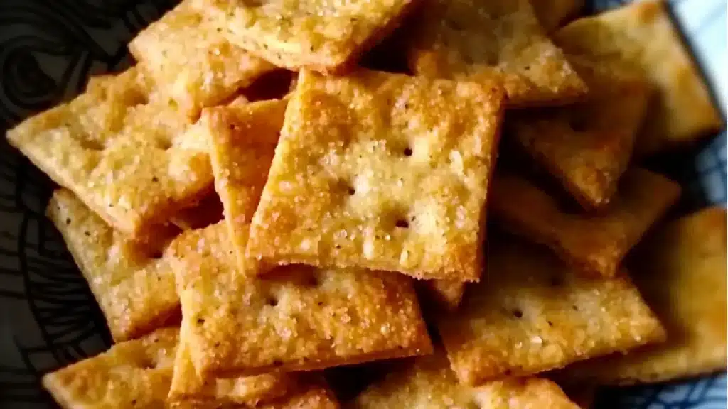 a white bowl filled with cheese crackers on top of a wooden table