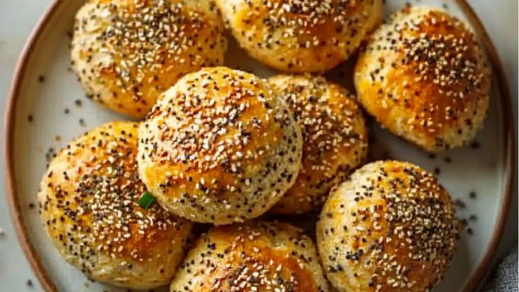 high protein bagel bites on a cutting board with other snacks in the background and text overlay