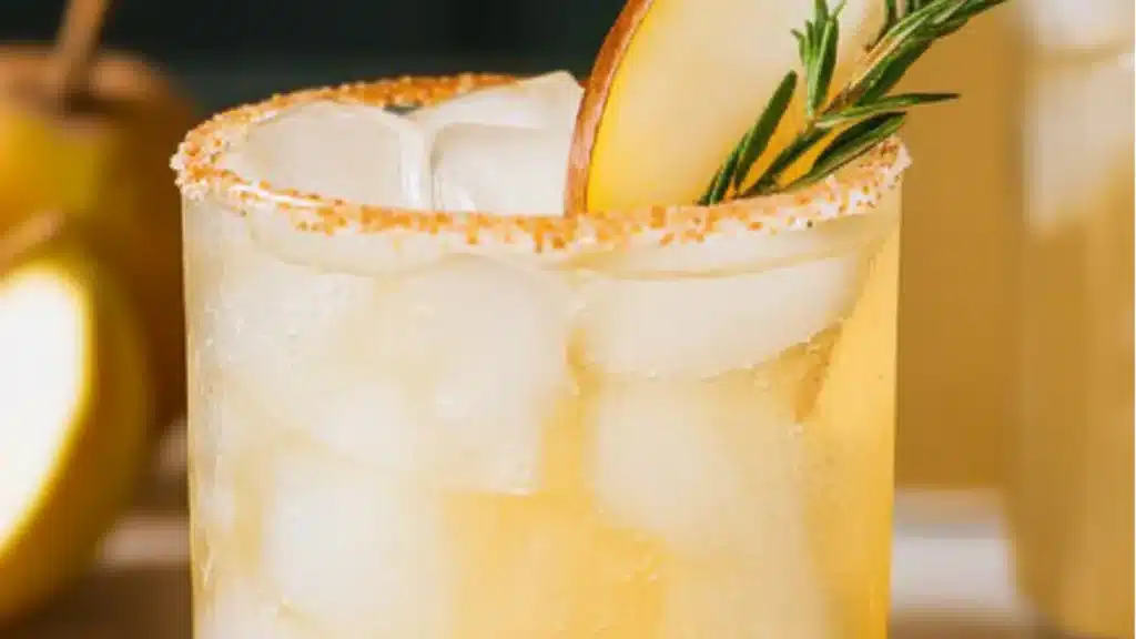sparkling vanilla pear cocktail with ice and sprigs on the rim, served in glasses