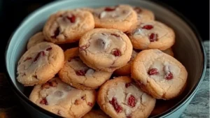 cherry almond amish sugar cookies are stacked on top of each other with pink icing