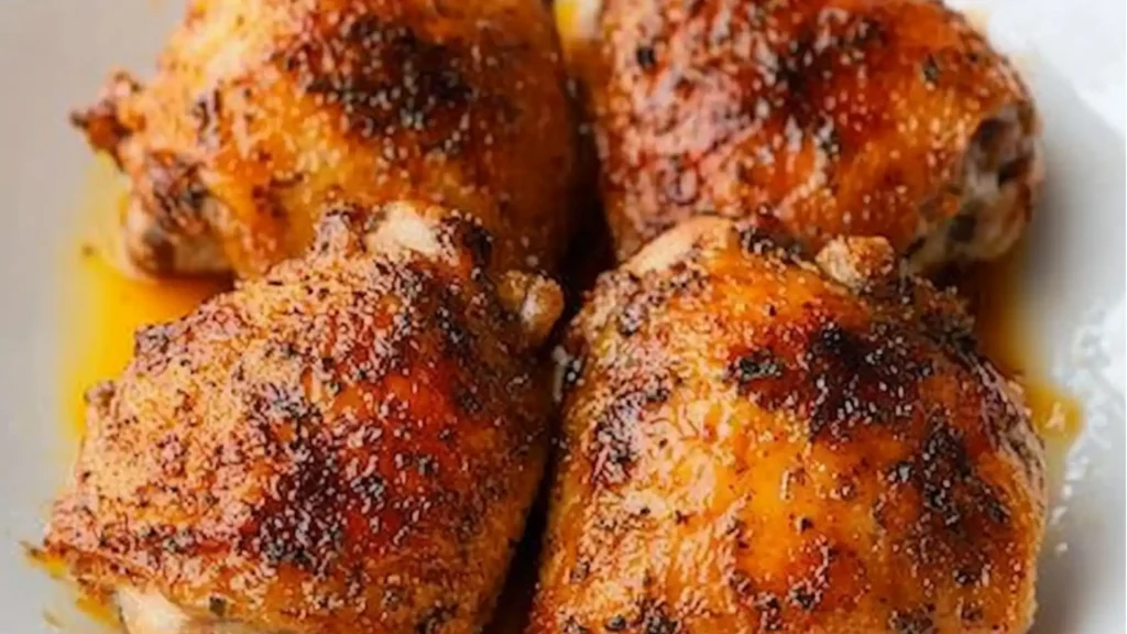 baked honey garlic chicken thighs in a skillet with text overlay that reads baked honey garlic chicken thighs