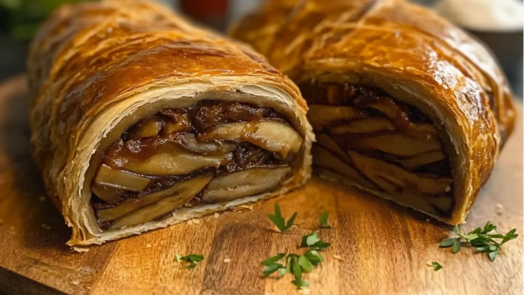 a plate topped with a pastry cut in half