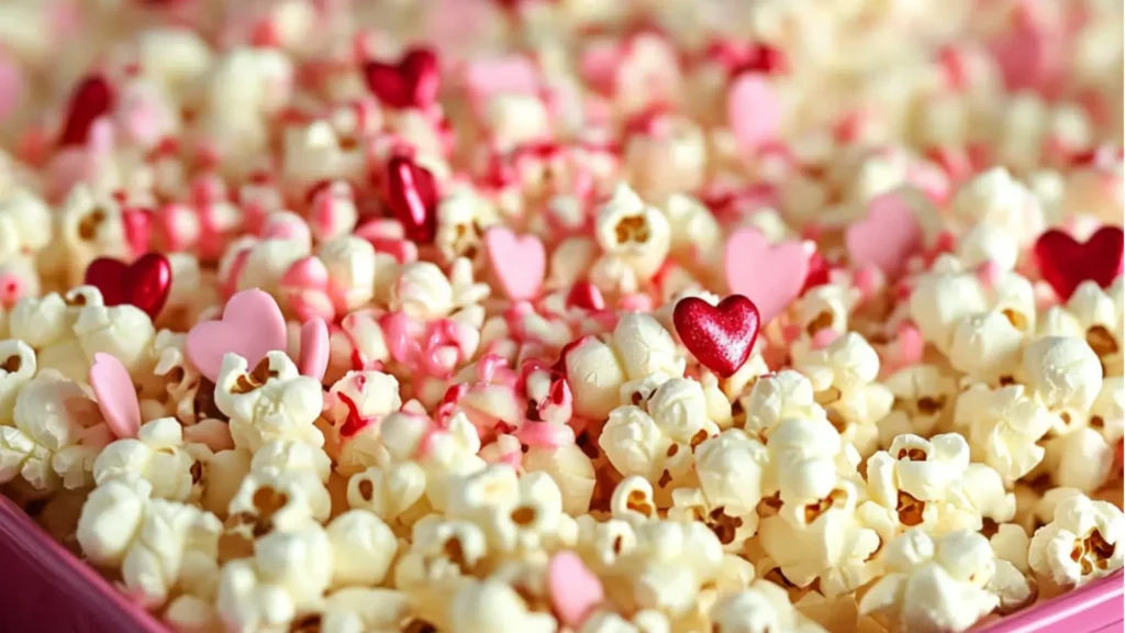 valentine's strawberries white chocolate popcorn in a bowl with the title above it